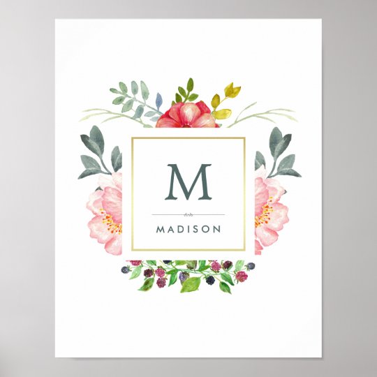 Watercolor Peony Flowers with Gold and Monogram Poster
