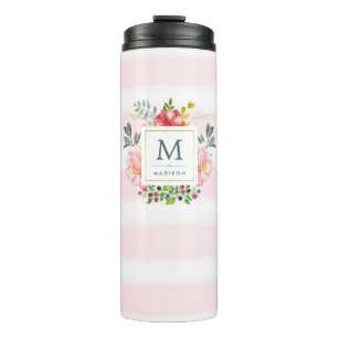 Watercolor Peony Flowers with Monogram and Stripes Thermal Tumbler