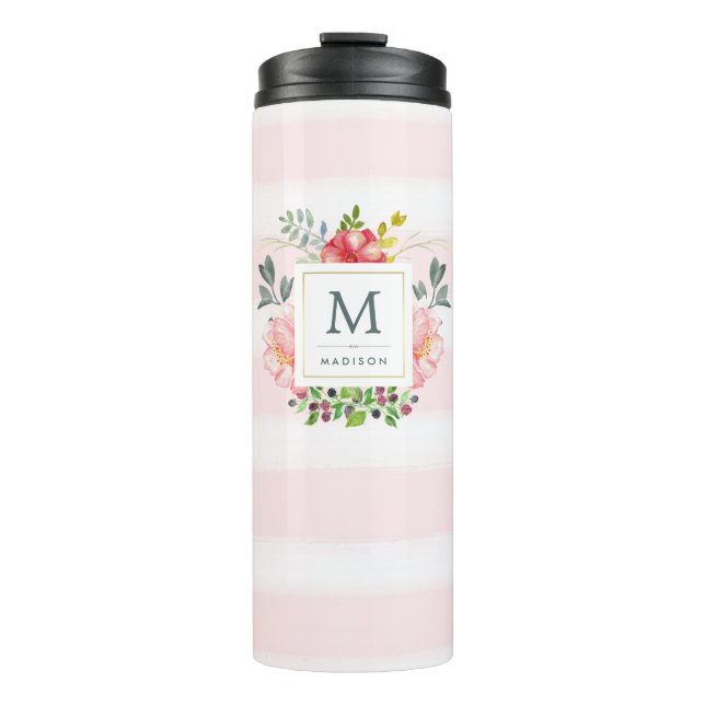 Watercolor Peony Flowers with Monogram and Stripes Thermal Tumbler (Front)