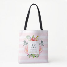 Watercolor Peony Flowers with Monogram and Stripes