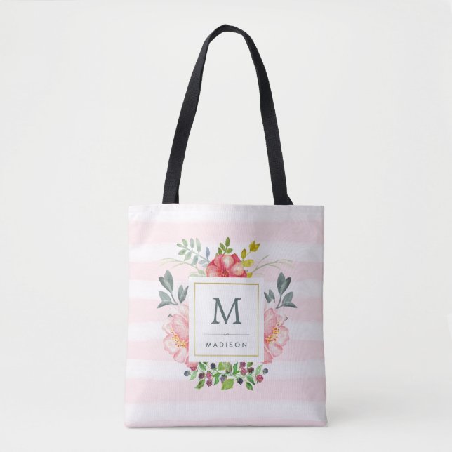 Watercolor Peony Flowers with Monogram and Stripes Tote Bag (Front)