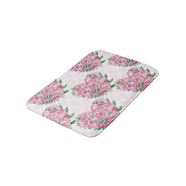 watercolor peony heart bath mat (Angled)