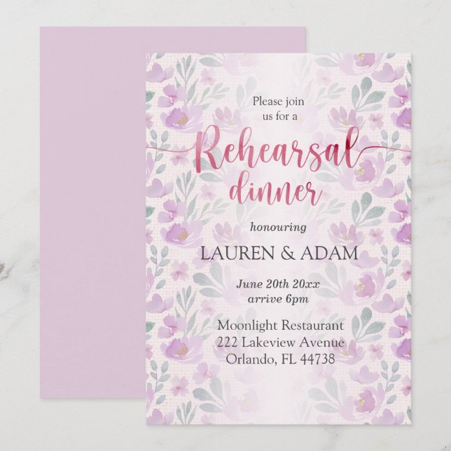 Watercolor Peony lilac and Pink floral pattern Invitation (Front/Back)