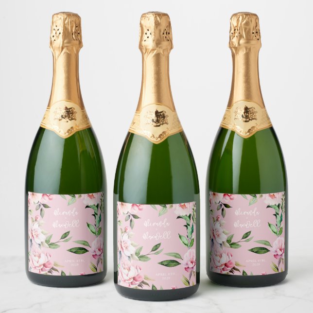 Watercolor Peony Magnolia Wedding Pink Sparkling Wine Label (Bottles)