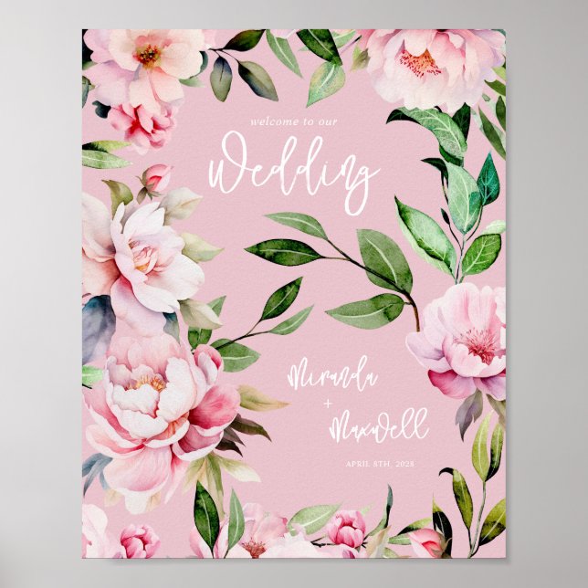Watercolor Peony Magnolia Wedding Welcome Pink Poster (Front)