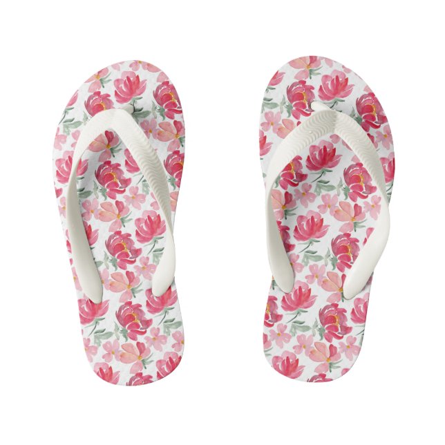 Watercolor Peony Pattern Kid's Flip Flops (Footbed)