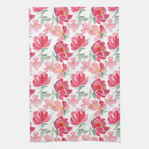 Watercolor Peony Pattern Tea Towel