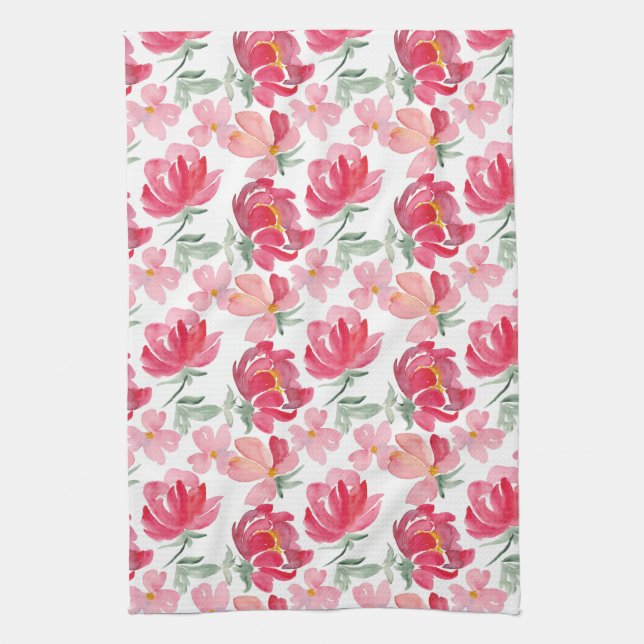 Watercolor Peony Pattern Tea Towel (Vertical)