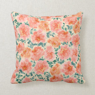 Watercolor Peony Peach Pink Green Cushion