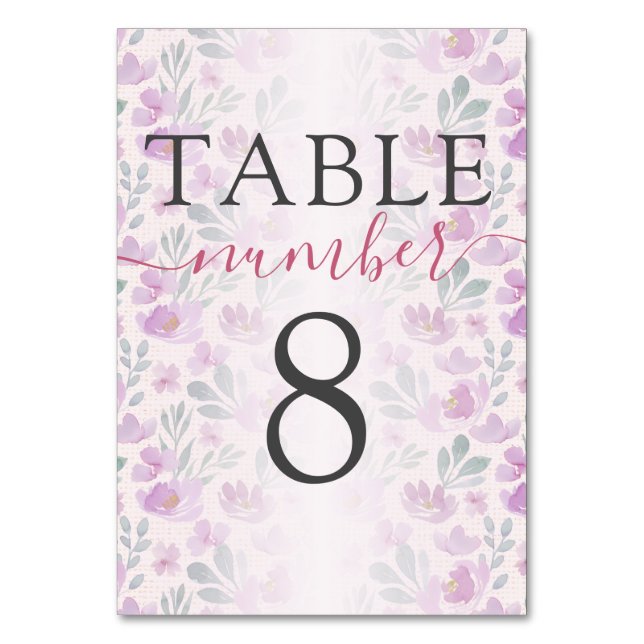 Watercolor Peony Pink and Lilac Table Number (Back)