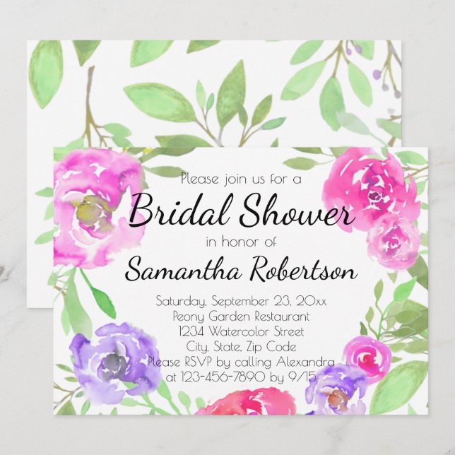 Watercolor Peony Pink Green Floral Bridal Shower Invitation (Front/Back)