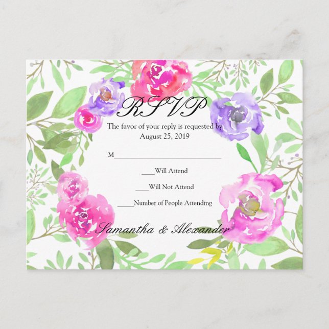 Watercolor Peony Pink Green Floral Wedding Invitation Postcard (Front)