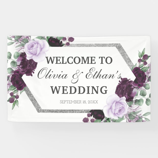 Watercolor Peony Purple Grey Silver Fall Wedding  Banner (Horizontal)