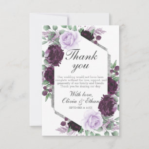 Watercolor Peony Purple Grey Silver Fall Wedding Thank You Card