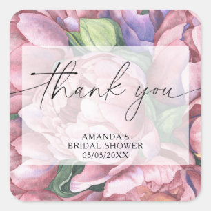 Watercolor peony roses - thank you bridal shower  square sticker