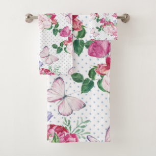 watercolor peony,watercolor butterfly bath towel set