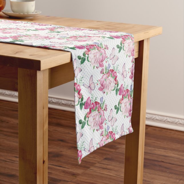 watercolor peony,watercolor butterfly short table runner (In Situ)