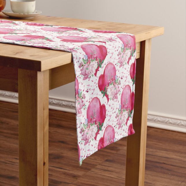 watercolor peony,watercolor heart short table runner (In Situ)