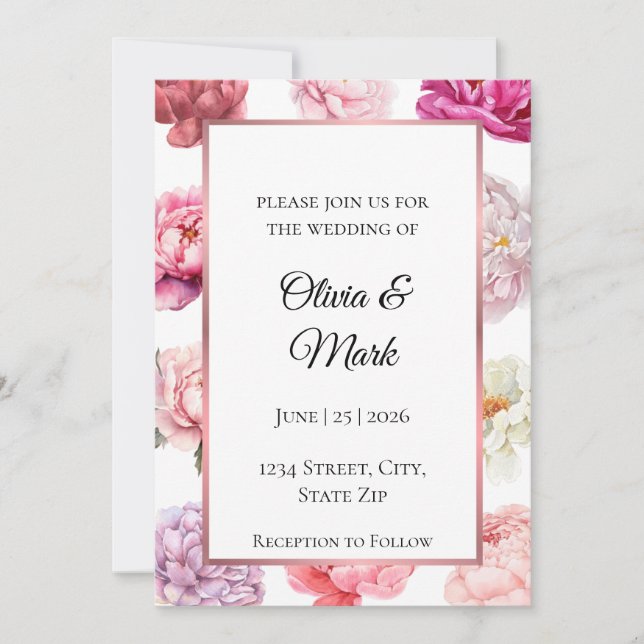 Watercolor Peony Wedding Invitation | Rose Gold (Front)