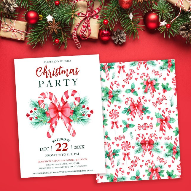 Watercolor Peppermint Candy Cane Christmas Party Invitation (Watercolor Peppermint Candy Cane Christmas Party Invitation)