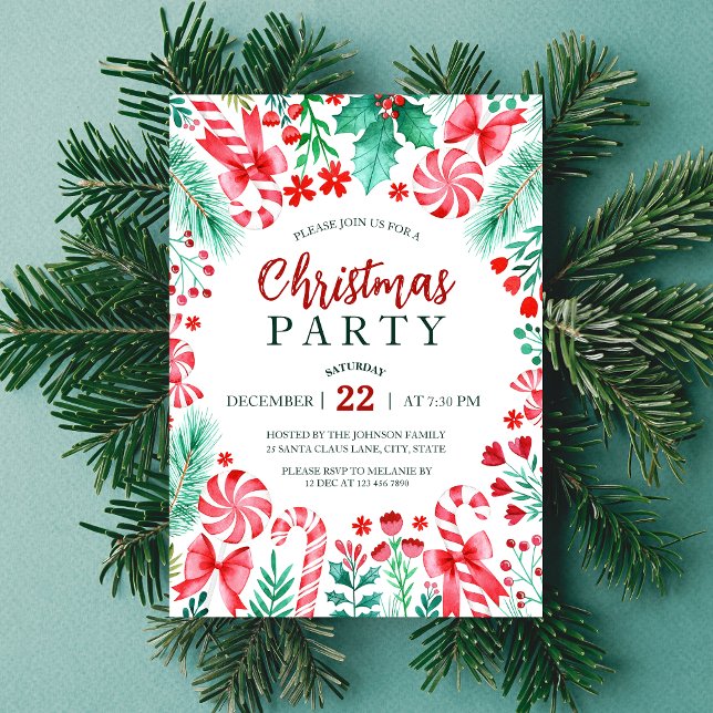 Watercolor Peppermint Candy Canes Christmas Party Invitation (Watercolor Peppermint Candy Canes Christmas Party Invitation)
