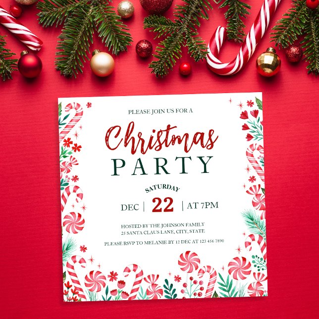 Watercolor Peppermint Candy Canes Christmas Party  Invitation (Watercolor Peppermint Candy Canes Christmas Party Invitation)