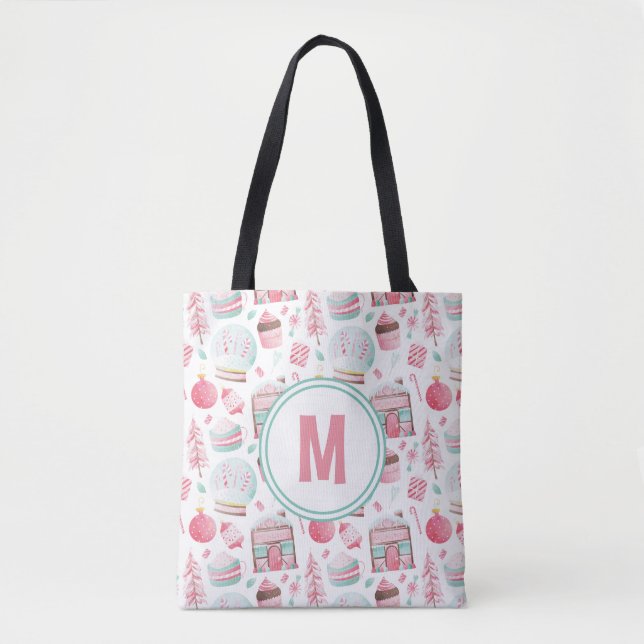 Watercolor Peppermint Christmas Monogram Bag (Front)