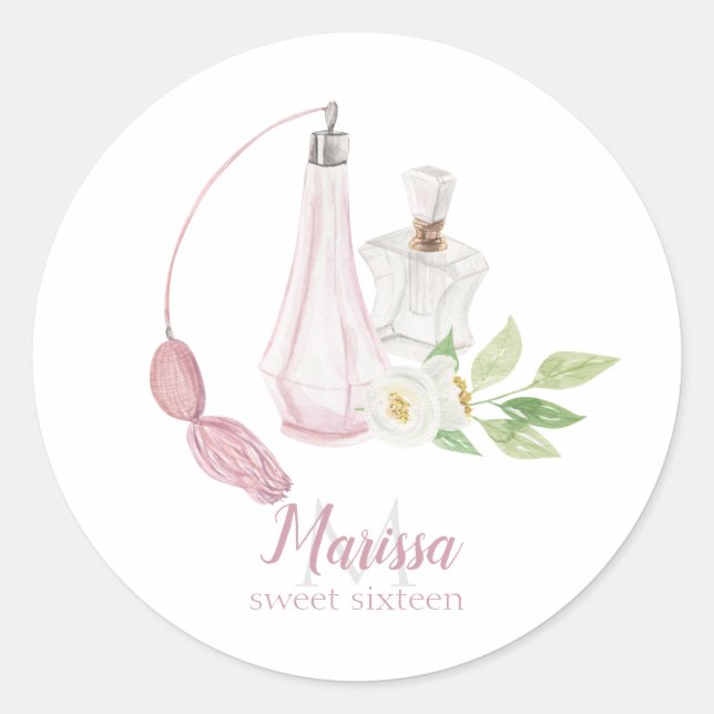 Watercolor Perfume Bottle Quinceanera Birthday Classic Round Sticker (Front)