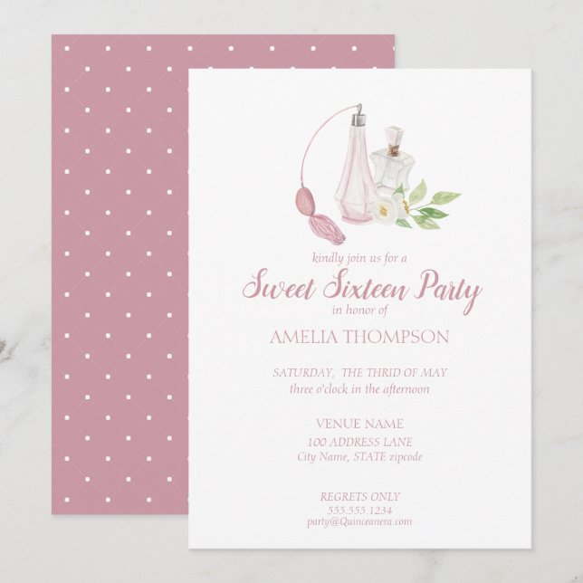 Watercolor Perfume Bottle Sweet Sixteen Birthday Invitation (Front/Back)