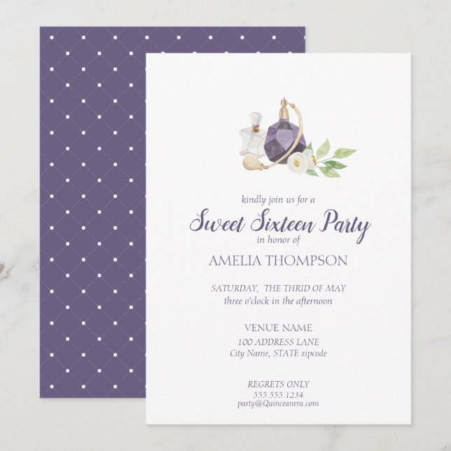 Watercolor Perfume Bottle Sweet Sixteen Birthday Invitation (Front/Back)