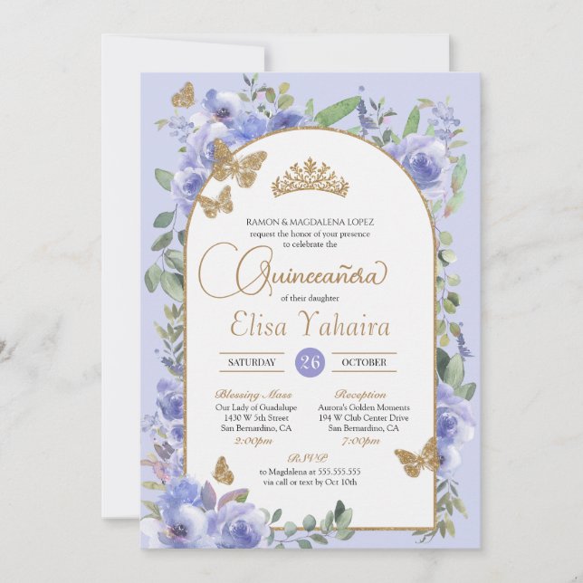 Watercolor Periwinkle Blue Butterfly Quinceañera Invitation (Front)
