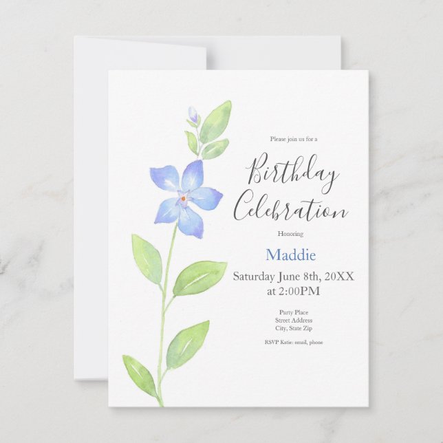 Watercolor Periwinkle (Vinca) Flower Invitation (Front)