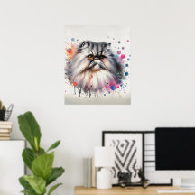Watercolor Persian Cat Colourful Portrait