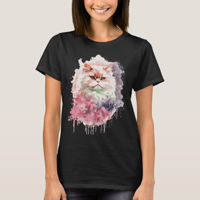 Watercolor Persian Cat Japanese Cherry Blossom Sak T-Shirt (Front)