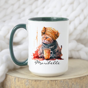 Watercolor Persian Cat with Turban Drinking Coffee Mug