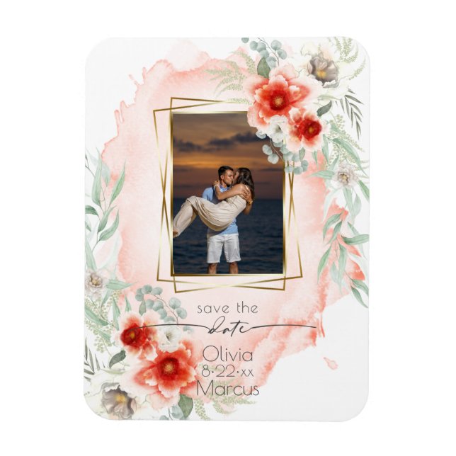 Watercolor Persimmon Floral Photo Save the Date Magnet (Vertical)
