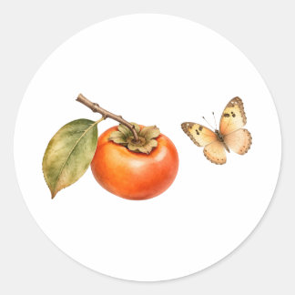 Watercolor Persimmon Fruit and Butterfly Classic Round Sticker