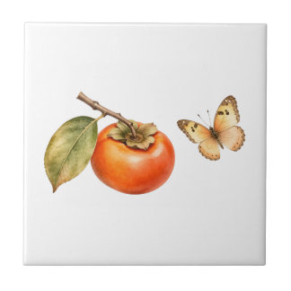 Watercolor Persimmon Fruit and Butterfly Tile