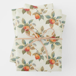 Watercolor Persimmon Fruit and Flowers  Wrapping Paper Sheet