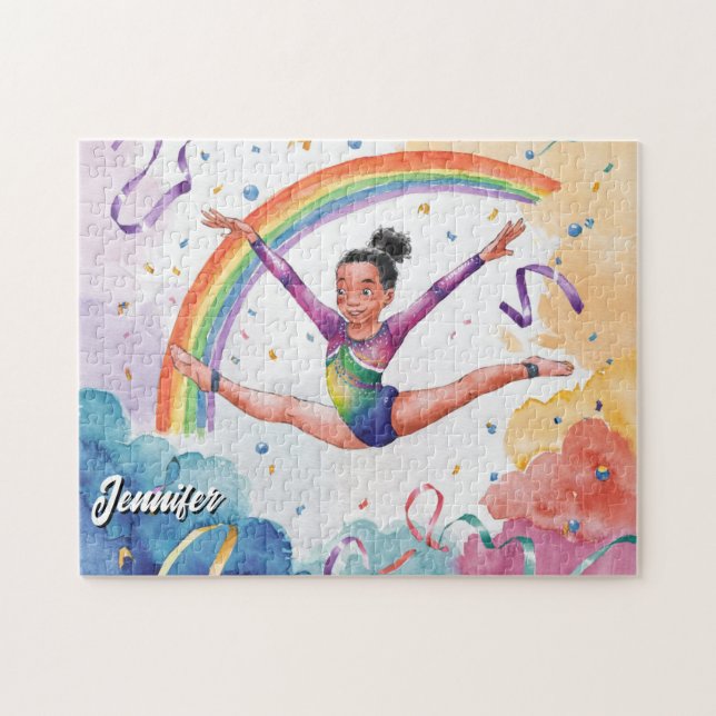 Watercolor Personalised Cute gymnastics girl Pink Jigsaw Puzzle (Horizontal)