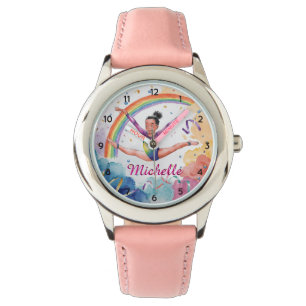 Watercolor Personalised Cute gymnastics girl Pink Watch