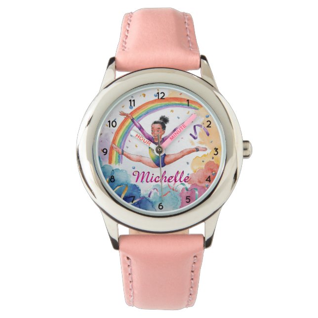 Watercolor Personalised Cute gymnastics girl Pink Watch (Front)