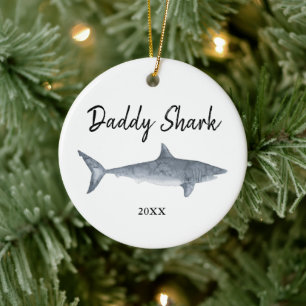 Watercolor Personalised Daddy Shark Christmas Ceramic Tree Decoration