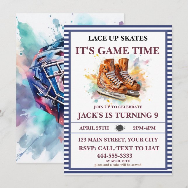 Watercolor Personalised Ice Hockey Birthday Theme  Invitation (Front/Back)
