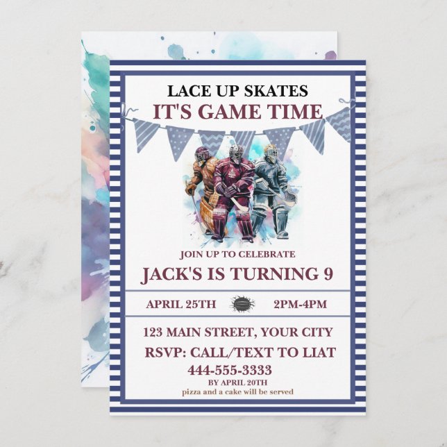 Watercolor Personalised Ice Hockey Birthday Theme  Invitation (Front/Back)