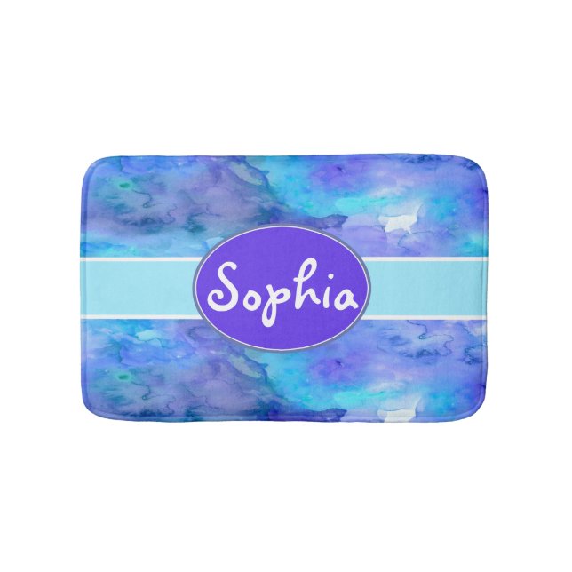 Watercolor Personalised Monogram Name Teal Purple Bath Mat (Front)