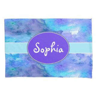 Watercolor Personalised Monogram Name Teal Purple Pillowcase
