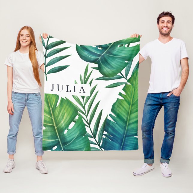 Watercolor Personalised Tropical Leaves Fleece Blanket (In Situ)
