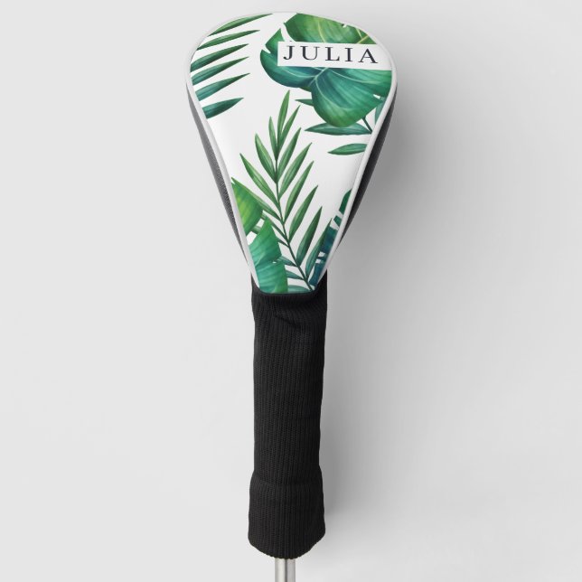 Watercolor Personalised Tropical Leaves Golf Head Cover (Front)
