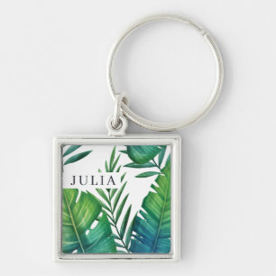 Watercolor Personalized Tropical Leaves Key Ring